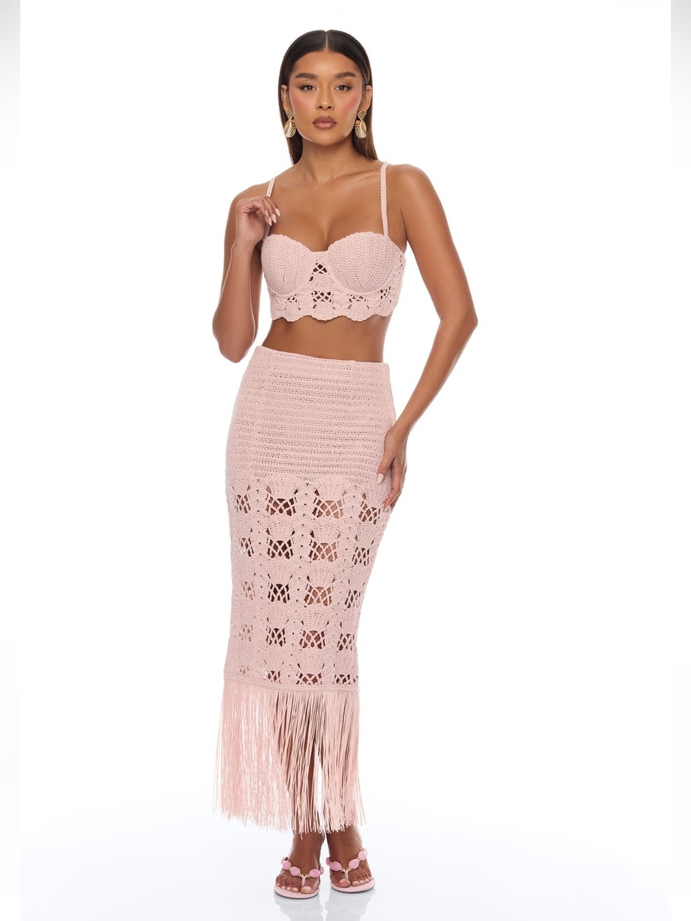 Pink Crochet Knit Fringe Maxi Skirt Set | Beach Vacation Resort Outfit Set